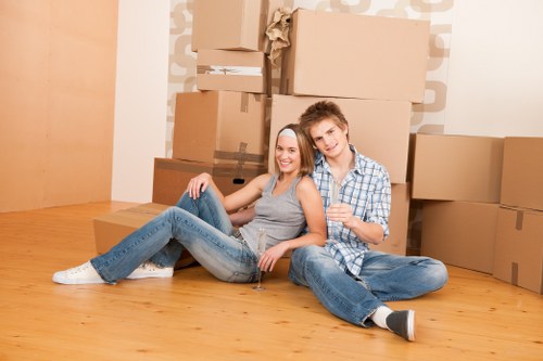 Packed office equipment ready for commercial move