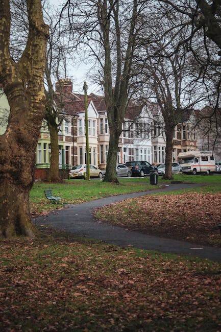 A residential street scene showing a curved asphalt pathway in a park-like area with leafless trees and patches of grass and fallen leaves on the ground. In the background, there are multiple multi-storey terraced houses with bay windows, painted in various light colours, and parked cars along the street. A white van is visible near the curb, suggesting transportation activity related to house removals or moving services. The overall scene is overcast, with diffused natural light illuminating the area. The location is indicative of a typical urban neighbourhood, potentially associated with house relocations or furniture transport projects undertaken by Edgware Removals, as referenced on the webpage about house removals in Canons Park Edgware.